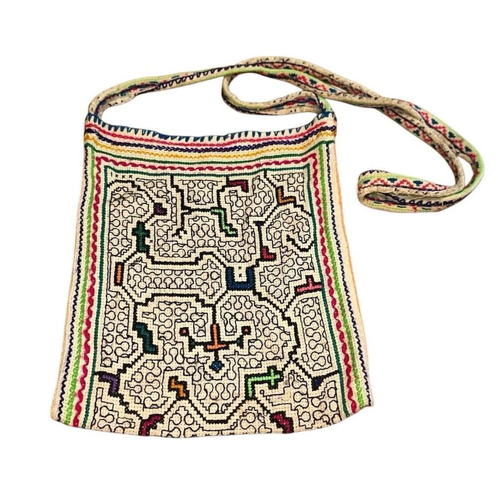 Geometric brightly colored Peruvian shipibo bag hand embroidered amazon jungle